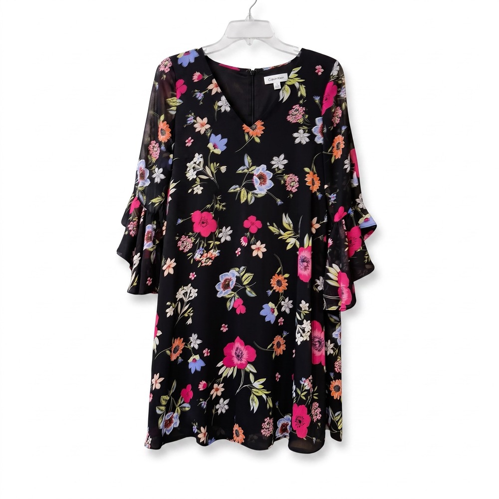 Calvin Klein Women Black Floral V-Neck Ruffle Bell Sleeve Shift Dress Size 8